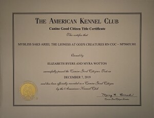 Ariel’s official certificate earning her CGC title